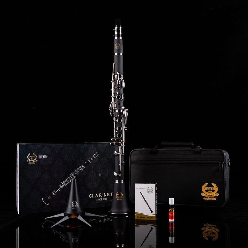 Rhythm Bb Clarinet 17 Nickel Keys Woodwind Band & Orchestra Musical Instruments for Beginners Includes Case, Stand, 10 Reeds and Cleaning Kit-Black/Silver keys - Image 3